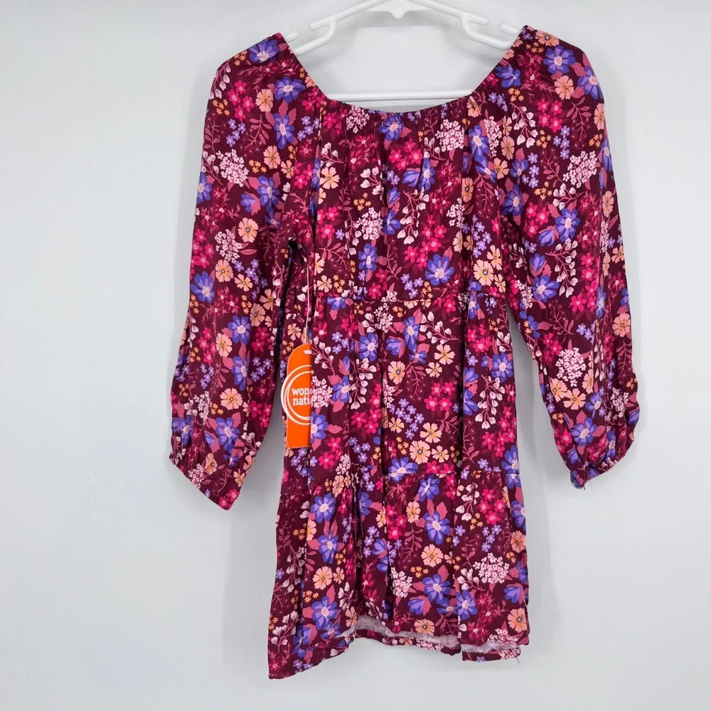 Long Sleeve Floral Dress Girls 2T Magenta Berry Tiered Boho Cottagecore Spring